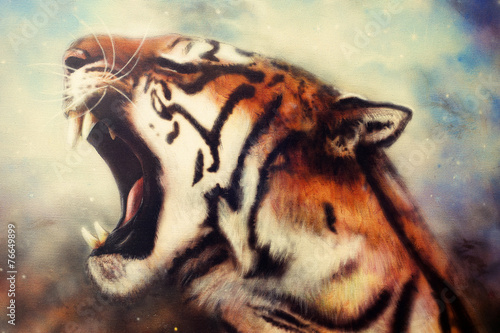 Obraz w ramie airbrush painting of a roaring tiger