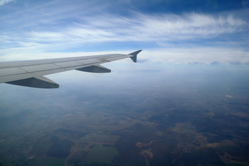 airplane flying high in the blue sky