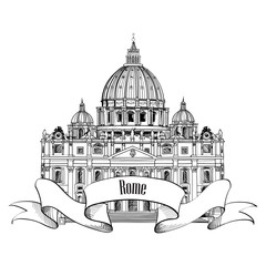 Wall Mural - St. Peter's Cathedral, Rome, Italy. Hand drawn vector sketch illustration of italian landmark. Travel Italy symbol: Saint Pietro Basilica label.