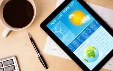 Wall Mural - tablet pc showing weather forecast on screen with a cup of coffe