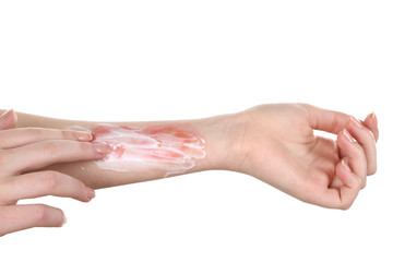 Wall Mural - Treatment of burns on female hand isolated on white