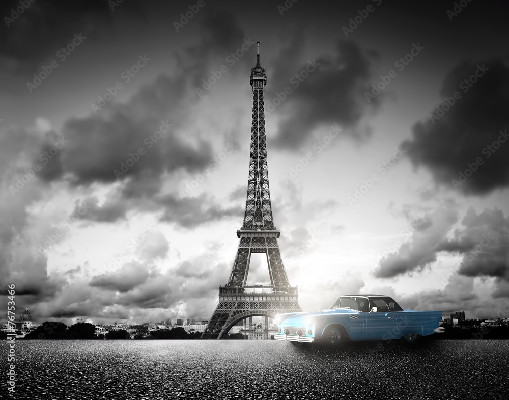 effel-tower-paryz-francja-i-samochod-retro-czarny-i-bialy