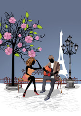 Romantic couple with a guitar sitting on the bench