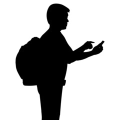 Wall Mural - Silhouette man with backpack using mobile phone, vector format