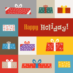 Poster - Different gift boxes illustration. Vector greeting card