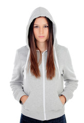 Sad teenager girl with gray sweatshirt hooded