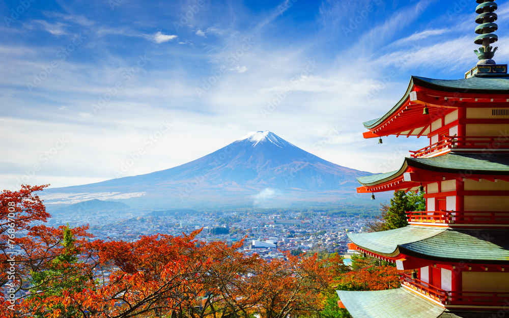 Mt. Fuji with Chureito Pagoda, Fujiyoshida, Japan - obrazy, fototapety, plakaty 