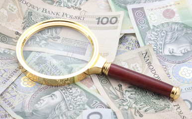 Polish money with golden magnifying glass