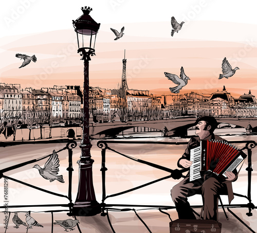 Obraz w ramie Accordionist playing on Pont des arts in Paris