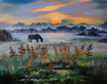 Oil Painting Of Field At Sunset, Art Work