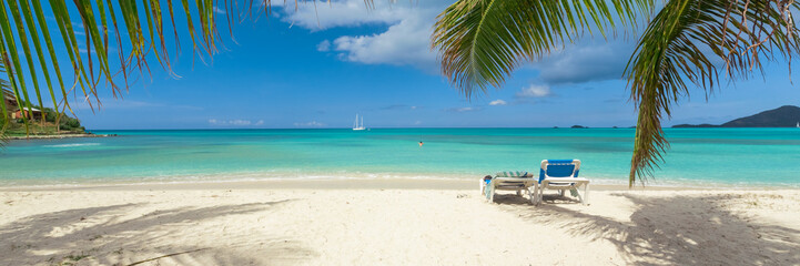 tropical white sand beach background, caribbean island, hot summer day on the beach