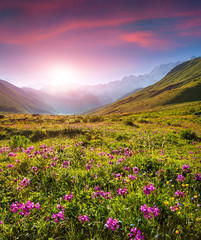 Fototapete - Colorful summer sunrise in the Caucasian mountains