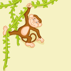 Sticker - Cute smiling monkey hanging from a vine of tree.