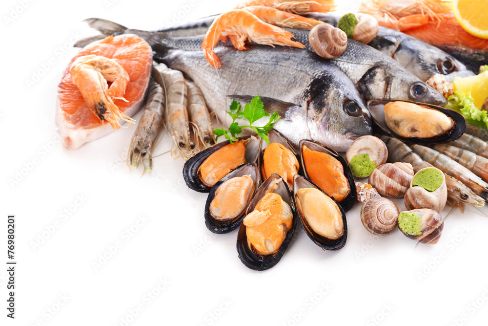 Fresh fish and other seafood isolated on white