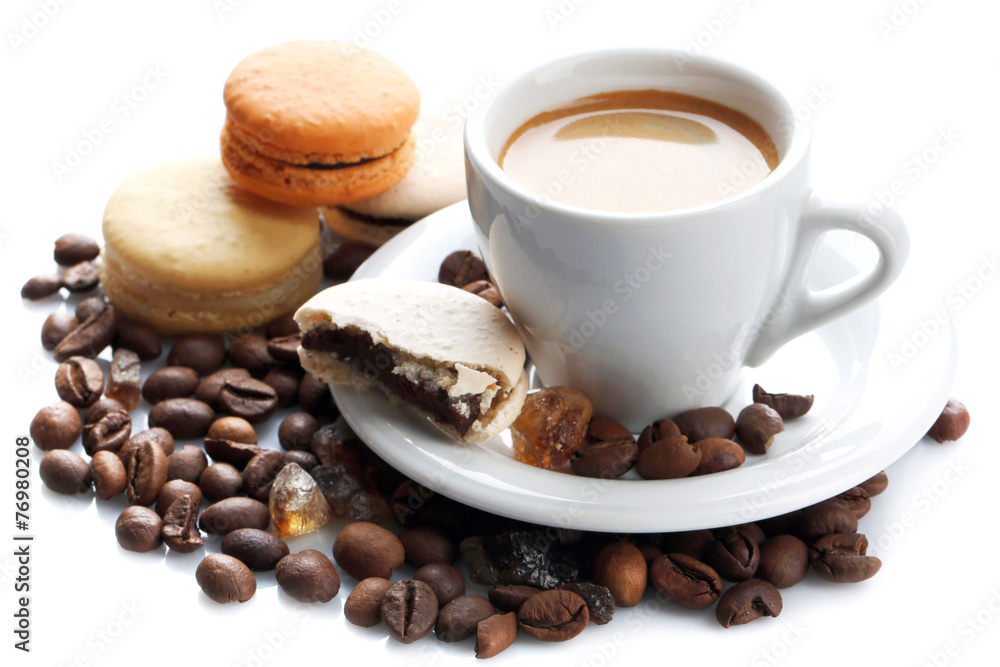 Gentle colorful macaroons and black coffee in mug isolated