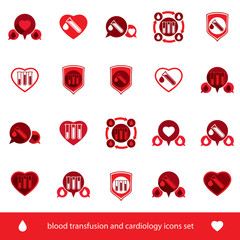 Cardiology and blood transfusion vector icons set, creative symb