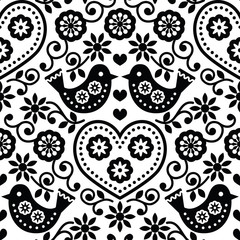 Folk art seamless monochrome pattern with flowers and birds