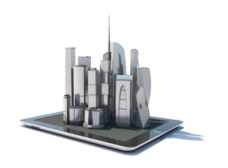 Tablet with 3d city streetmap of office blocks