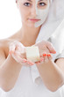 © kozirsky - Spa woman isolated - clean skin with mask and lather, soap in ha