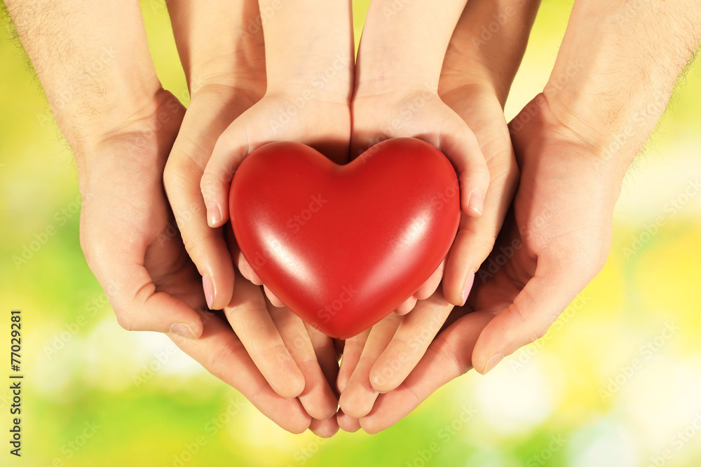 Red heart in family hands on bright background