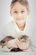 © Happy monkey - kid holding a kitten on a gray background