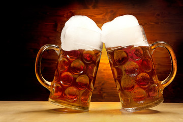 Five Beer Glasses on the Wooden Table