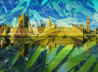 Sticker - Houses of Parliament - Double exposure with bamboo leaves