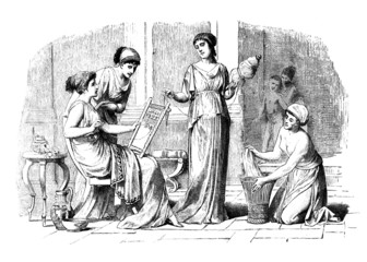 Fototapete - Victorian engraving of Classical Greek women at home