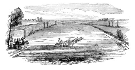 Fototapete - Victorian engraving of a  farmer using a steam plough
