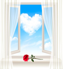 Aufkleber - Background with an open window and a red flower. Vector.