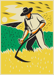 Wall Mural - Farmer With Scythe Harvesting  Field Retro