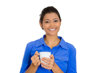 Portrait headshot happy business woman with cup of coffee