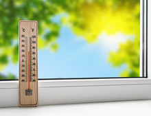 Thermometer On The Windowsill On The Background Of The Summer He
