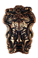  Old bronze mask isolated on white background.