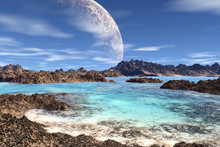3D Rendered Fantasy Alien Planet. Rocks And  Moon