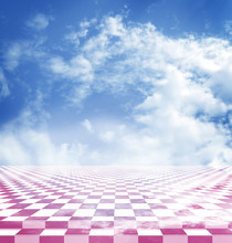 Blue Sky With Clouds Reflected In The Pink Checkerboard Floor
