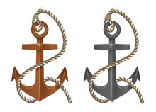 Old Two Anchor With Rope On White Background