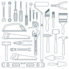 vector dark grey outline various house remodel instruments set.