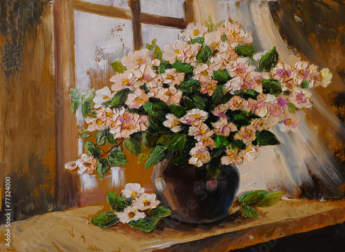 Naklejka nad blat kuchenny Oil painting on canvas - still life flowers on the table, art wo