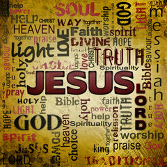 Jesus word cloud, grunge background