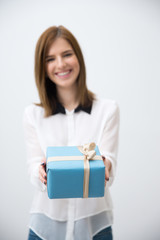 Sticker - Portrait of attractive woman over gray background