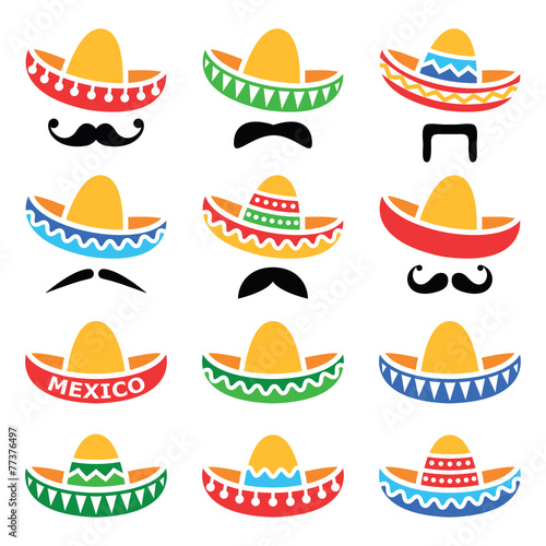 Fotografía Mexican Sombrero hat with moustache or mustache icons