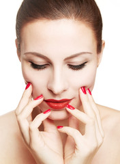 Wall Mural - Beautiful woman with make up and red nails