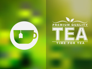 Fototapete - Tea cup icon and text design with a blurred background.