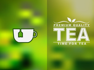 Fototapete - Tea cup icon and text design with a blurred background.