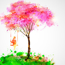 Spring Blossoming Tree. Dreaming Girl On Swing.