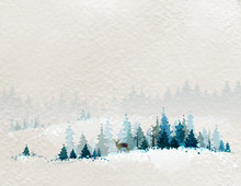 Winter Landscape With Fir Forests And Deer