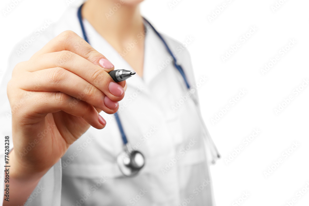 Close-up of doctor hand writing on virtual screen