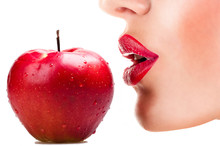 Sexy Woman Eating Red Apple, Sensual Red Lips