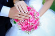 Wedding rings on the background of the bouquet